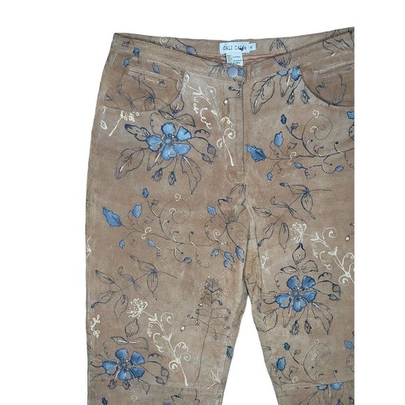 CALI Cali Pants Womens 8 Tan Blue Suede Leather Floral Straight Leg Lined - Picture 3 of 7